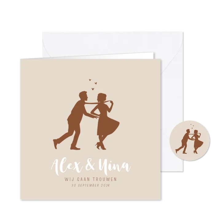 Trouwkaart silhouet bruid trekt bruidegom met stropdas