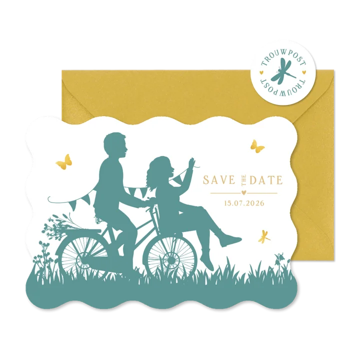 Trouwkaart silhouet samen op 1 fiets met golfrand