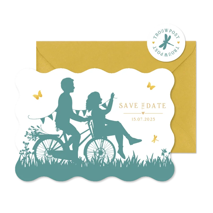 Trouwkaart silhouet samen op 1 fiets met golfrand