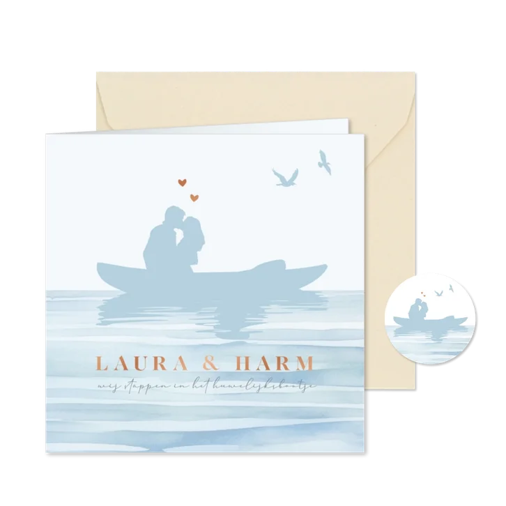 Trouwkaart silhouette romantisch bootje met watercolor zee