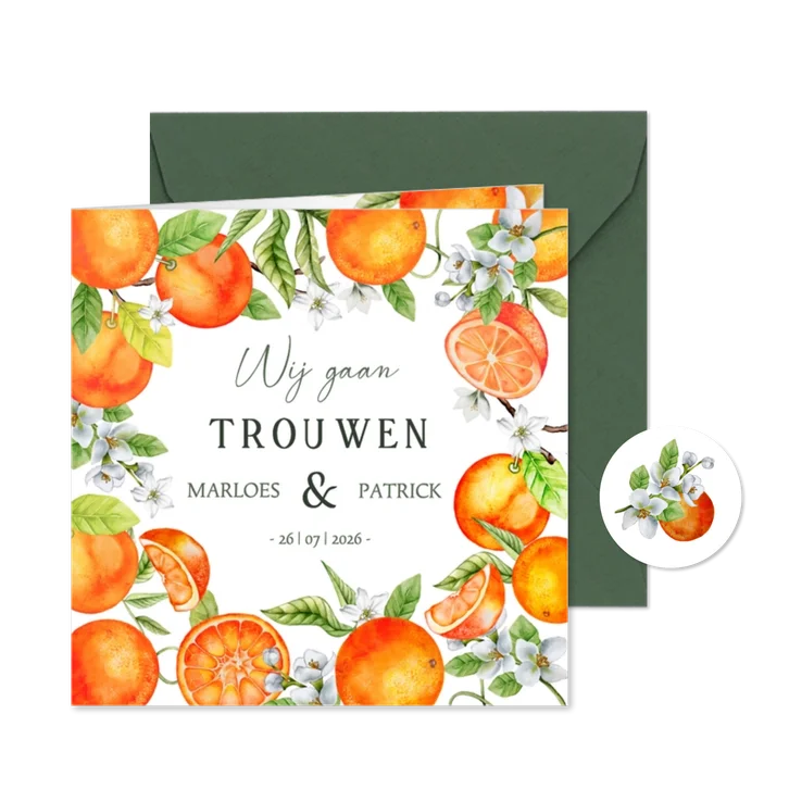 Trouwkaart sinaasappels bloesem