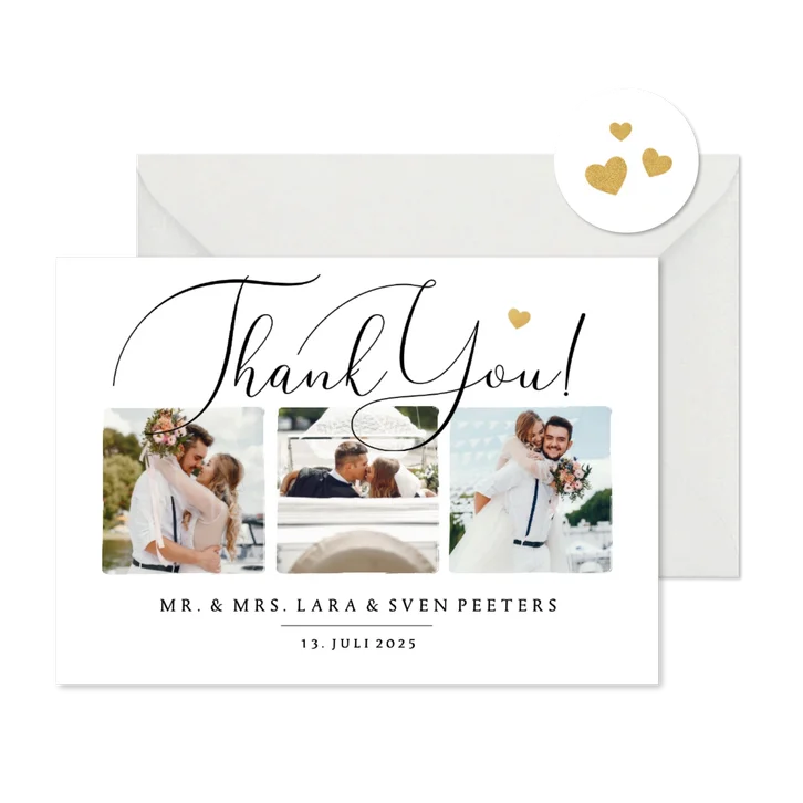 Trouwkaart stijlvol bedankt thank you foto hartje goud