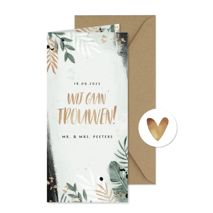 Trouwkaart stijlvol botanisch goud waterverf spetters