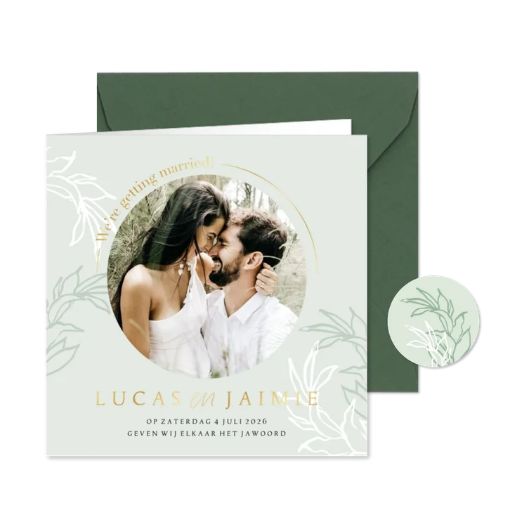 Trouwkaart stijlvol botanische bladeren foliedruk goud