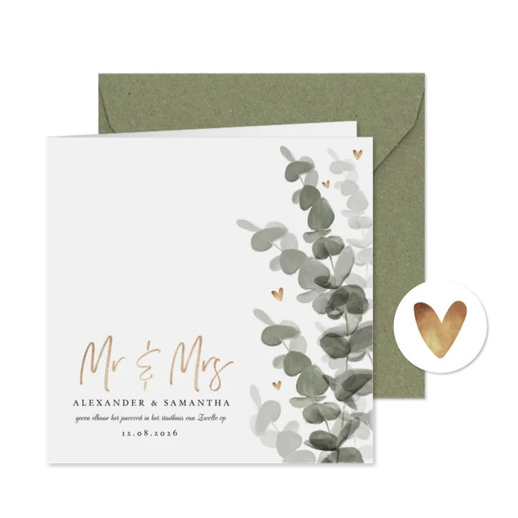 Trouwkaart stijlvol eucalyptus met gouden hartjes