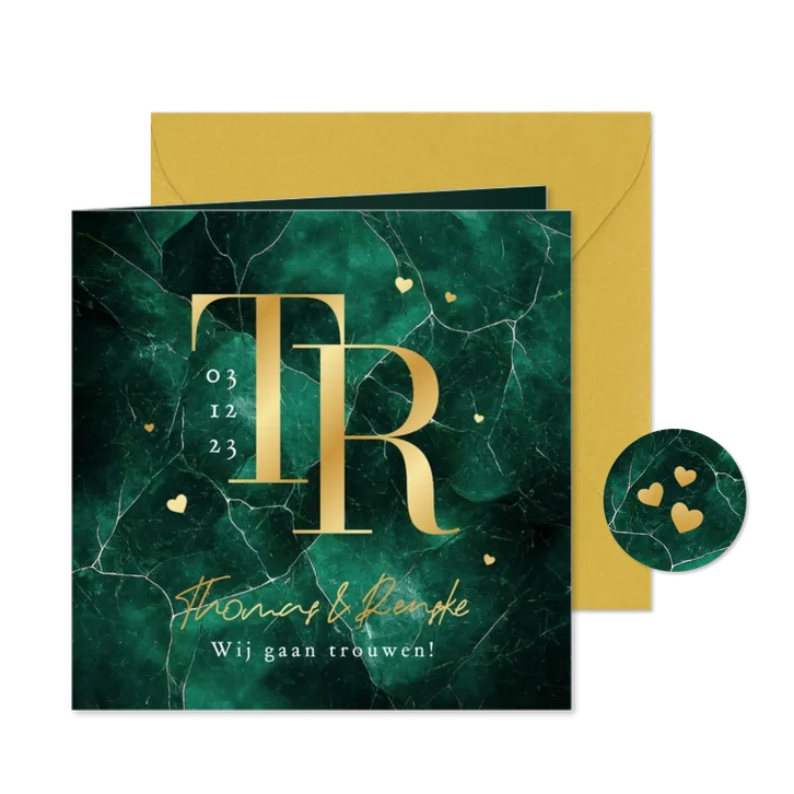Trouwkaart stijlvol groen marmer typografisch letters goud