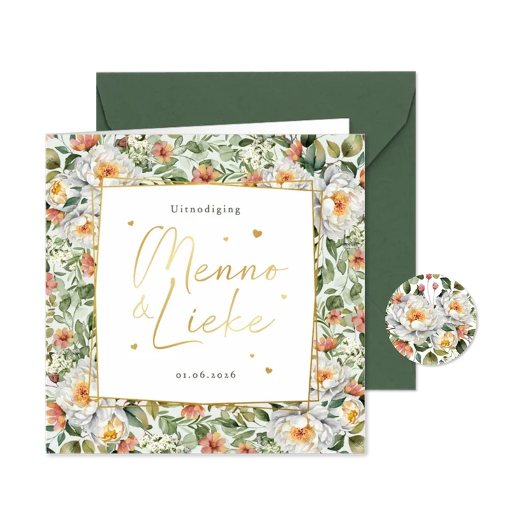 Trouwkaart stijlvol klassiek bloemen patroon waterverf goud