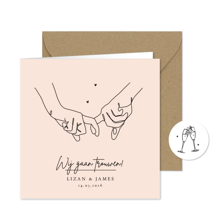 Trouwkaart stijlvol lijntekening handen modern pastel