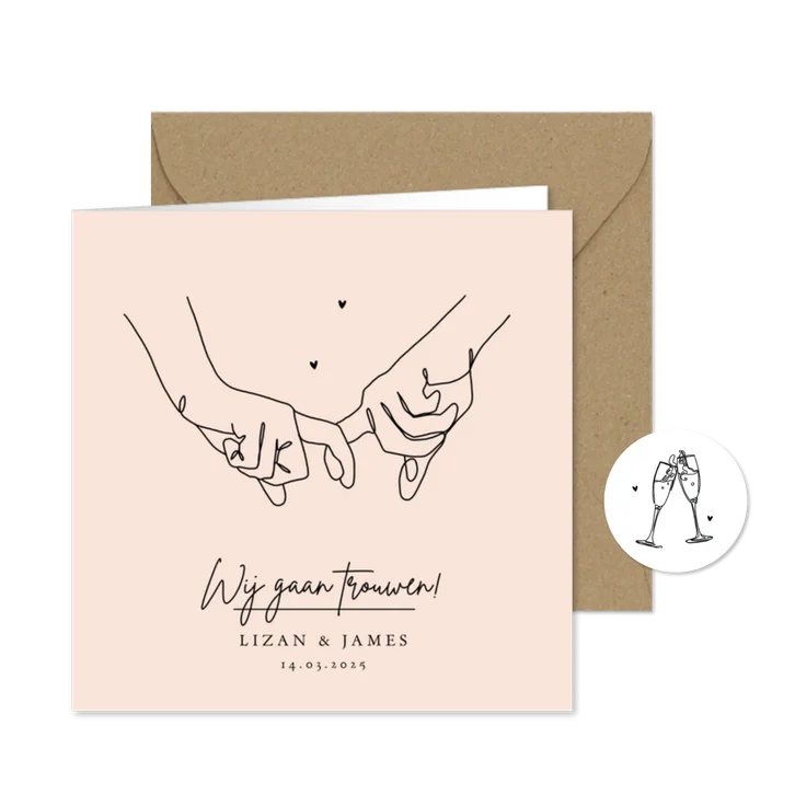 Trouwkaart stijlvol lijntekening handen modern pastel
