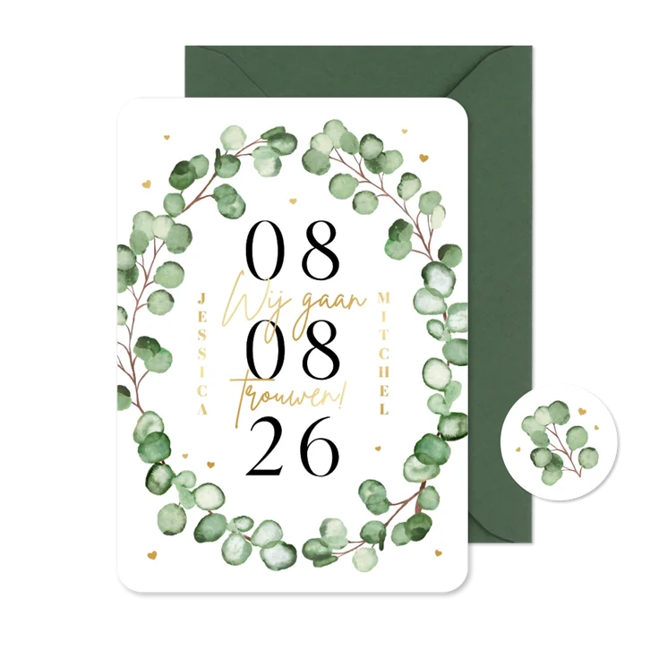 Trouwkaart stijlvol natuurlijk eucalyptus romantisch goud