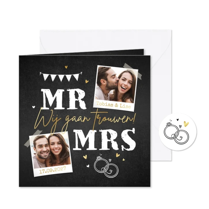 Trouwkaart stoer krijtbord hartjes ringen foto mr. mrs.