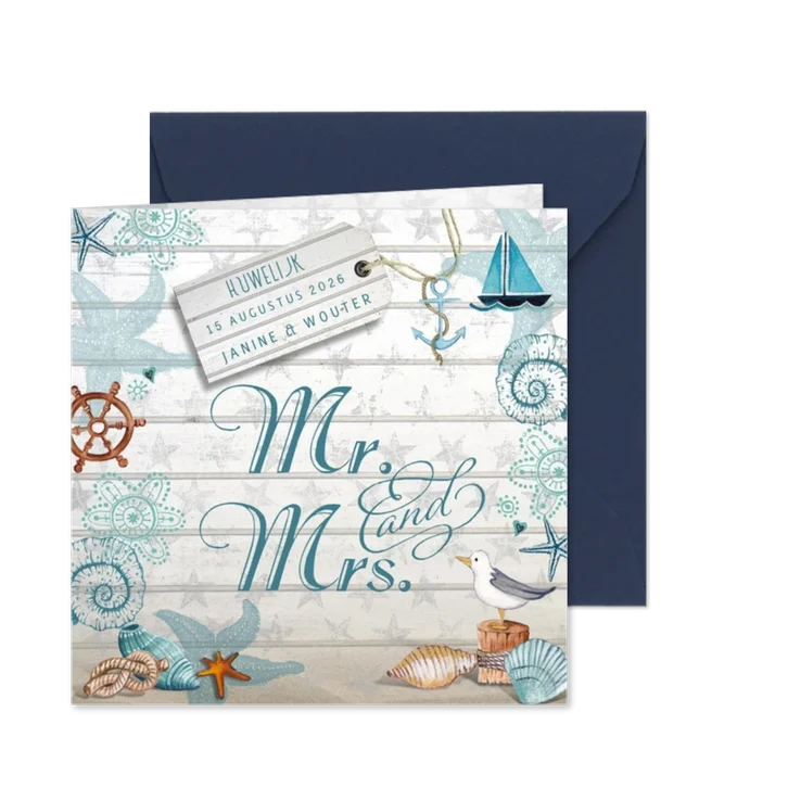 Trouwkaart Strand  Zee Mr & Mrs