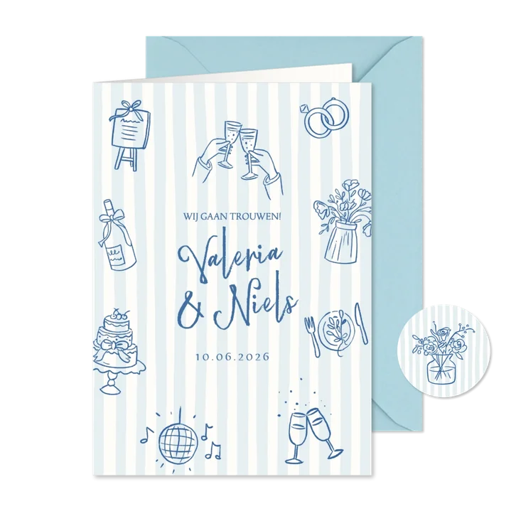 Trouwkaart strepen en illustraties