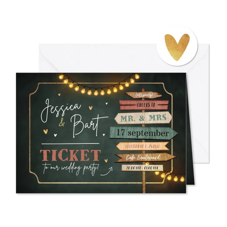 Trouwkaart ticket hout wegwijzers hartjes lampjes festival