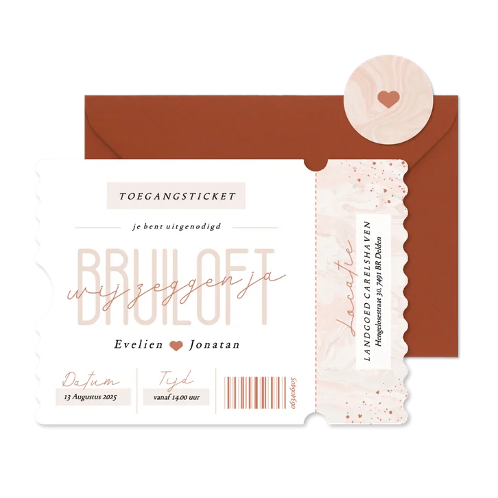 Trouwkaart ticket met roze marmer en hartjes