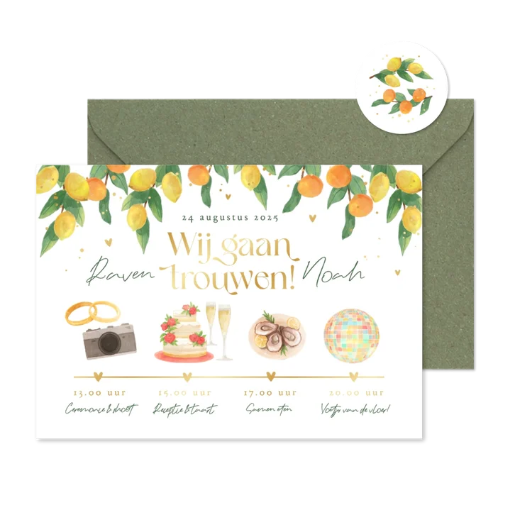 Trouwkaart tijdlijn illustraties zomer waterverf citrus goud
