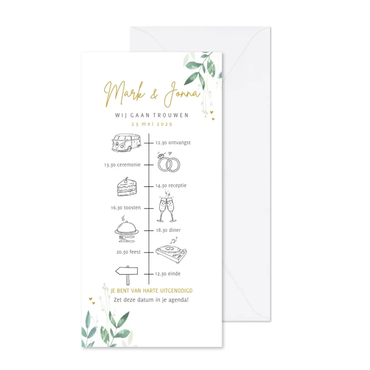 Trouwkaart tijdlijn met illustraties en takjes