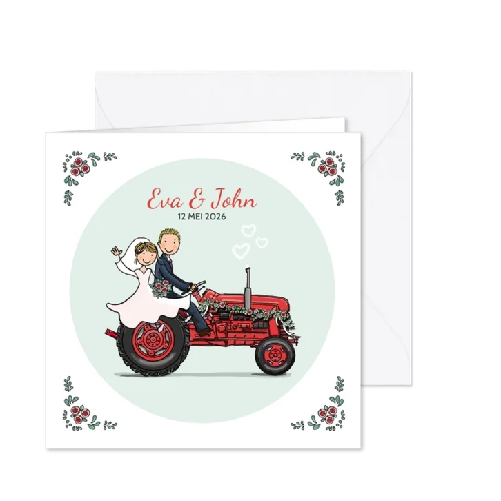 Trouwkaart tractor rood met bruidspaar