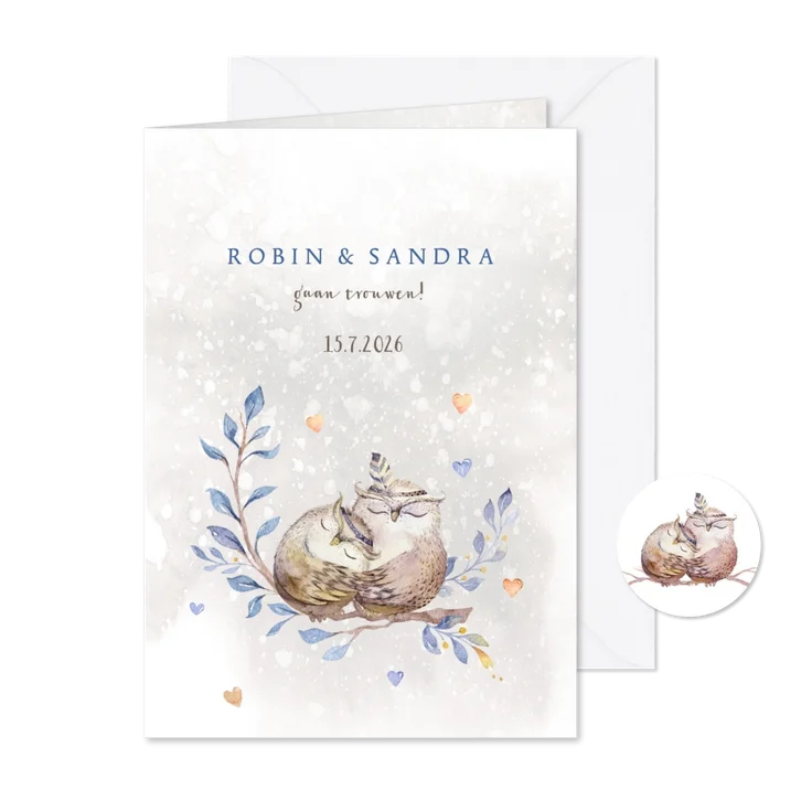 Trouwkaart uilenechtpaar met hart