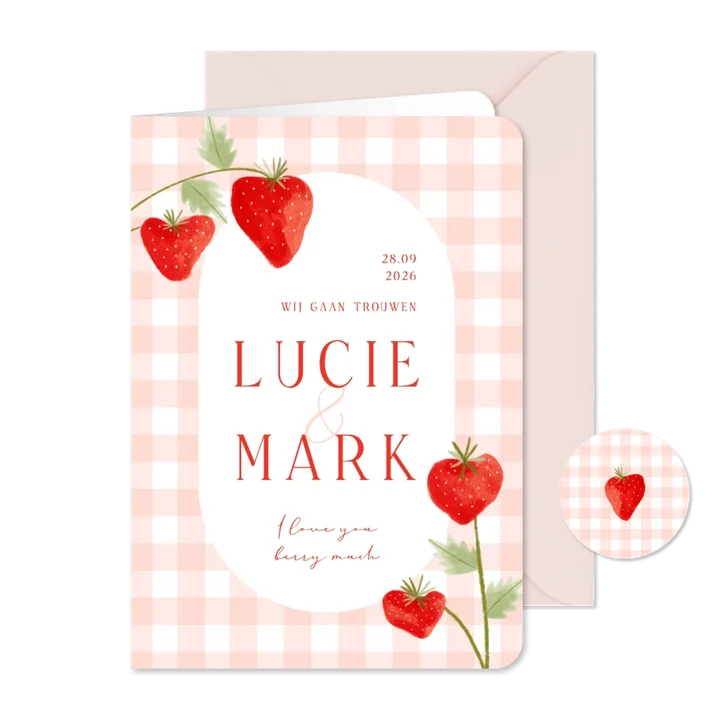 Trouwkaart uitnodiging aardbeien rood ruitjes