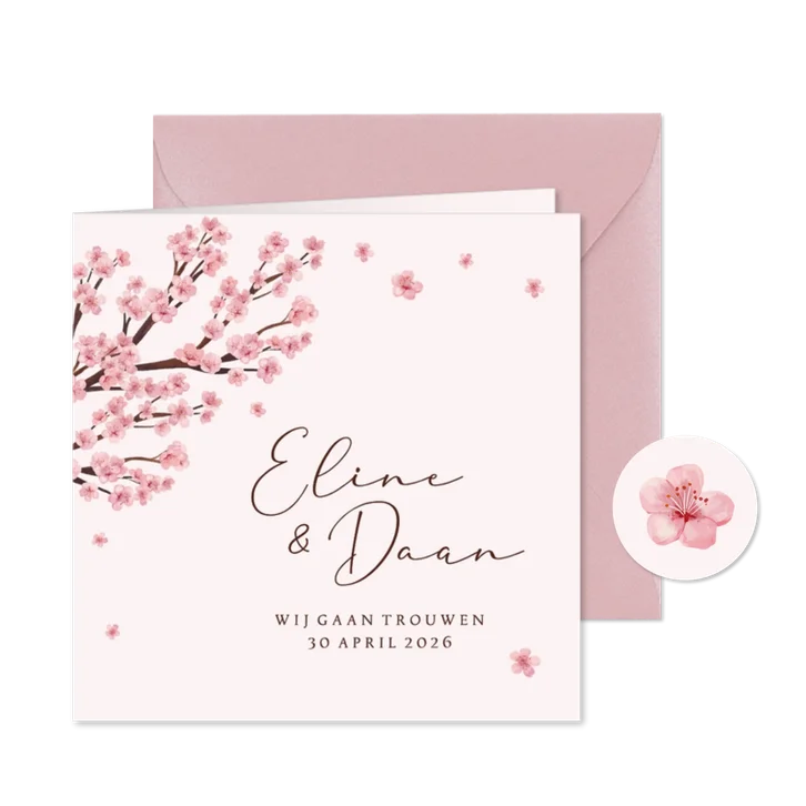 Trouwkaart uitnodiging bloesem bloemen lente bruiloft roze