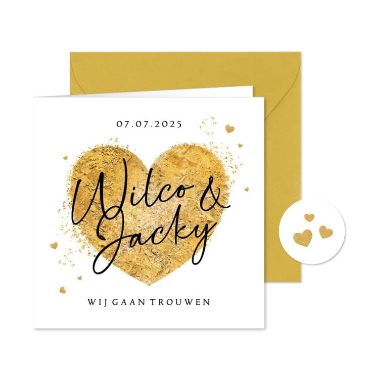 Trouwkaart uitnodiging hart goud romantisch algemeen