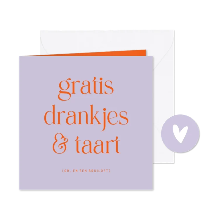 Trouwkaart uitnodiging humor colorblocking paars oranje