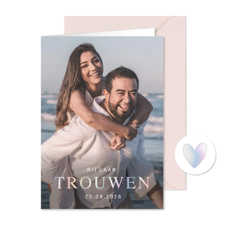 Trouwkaart uitnodiging met eigen foto en holografisch folie