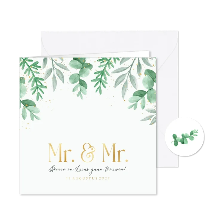 Trouwkaart uitnodiging Mr and Mr gay eucalyptus goud