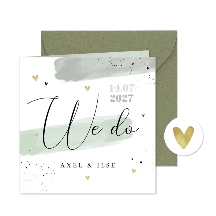 Trouwkaart uitnodiging We do groen verf hartjes