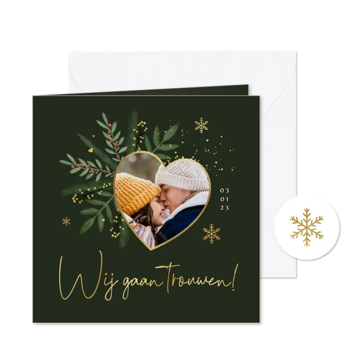 Trouwkaart uitnodiging winter wedding groen goud sneeuw hart