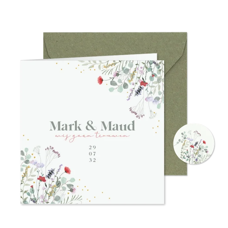 Trouwkaart veldbloemen in mooie kleuren