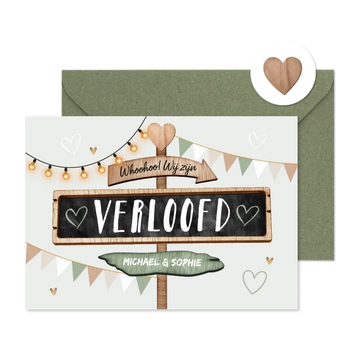 Trouwkaart verloofd houtlook wegwijzers festival vlaggetjes