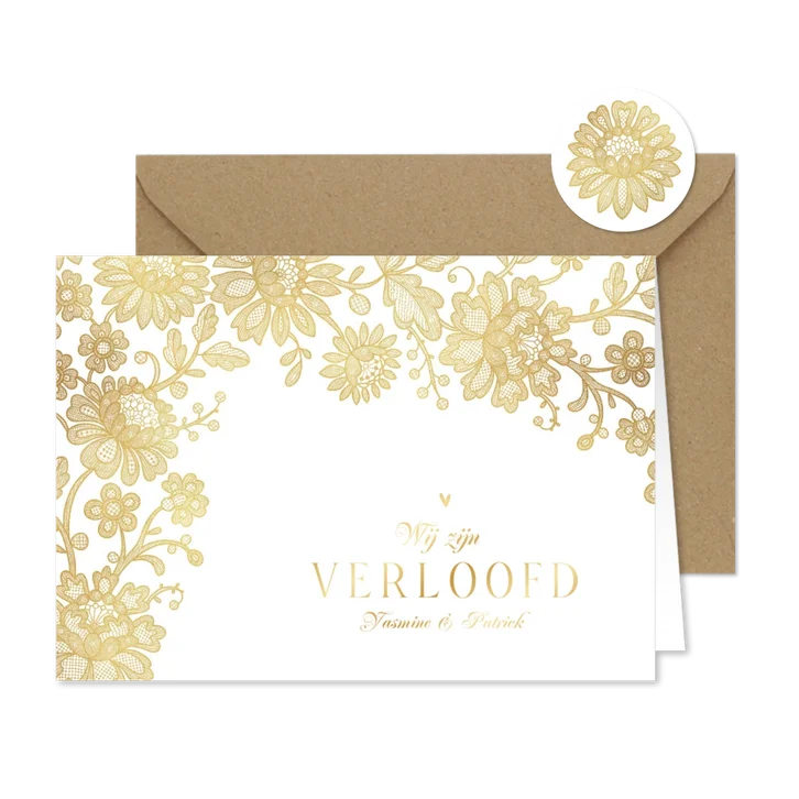 Trouwkaart verloofd vintage kant goud bloemen hartjes