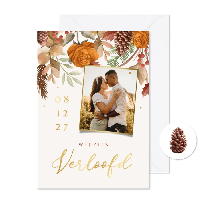 Trouwkaart verloving botanisch bloemen herfst goud foto