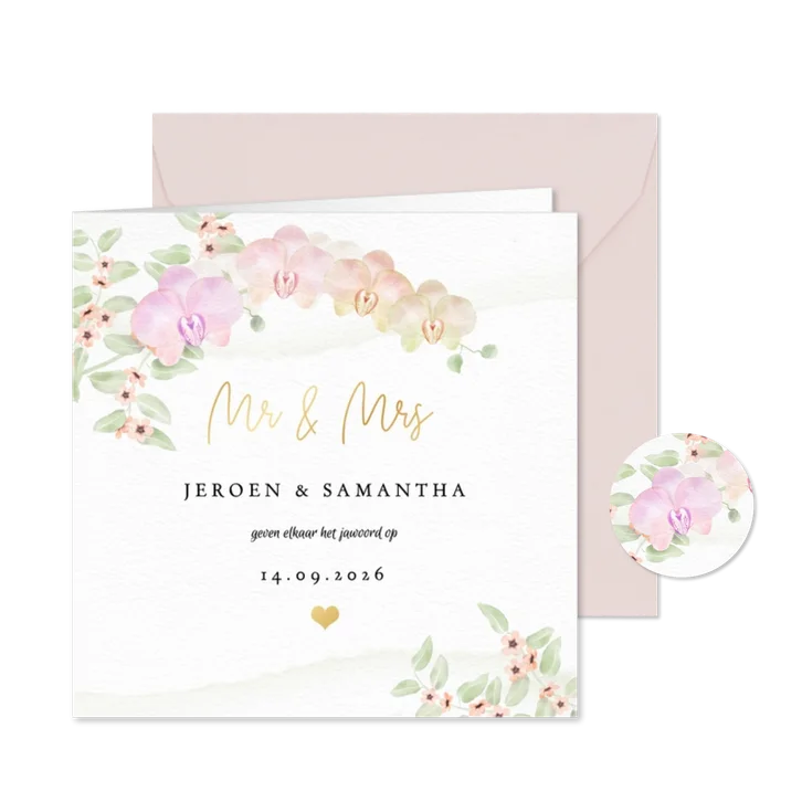 Trouwkaart vierkant orchideeën in pastel
