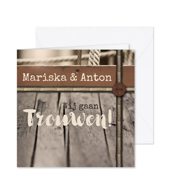 Trouwkaart vintage hout en touw