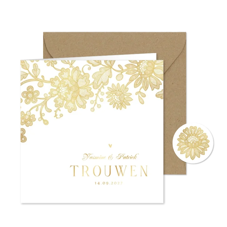 Trouwkaart vintage kant goud bloemen hartjes