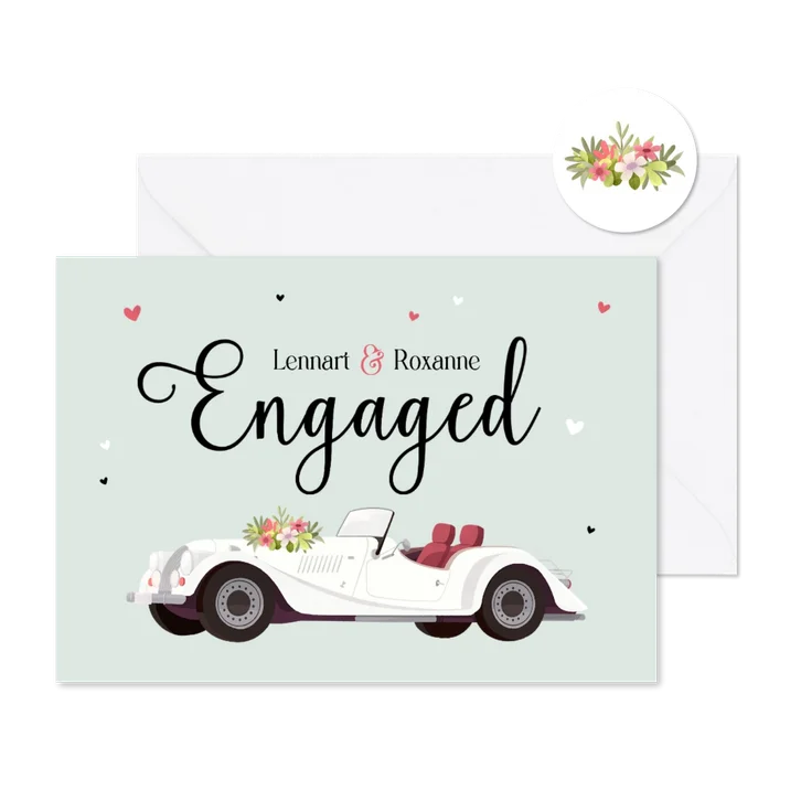 Trouwkaart vintage retro verloofd engaged hartjes