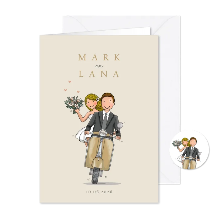 Trouwkaart voorkant scooter goud met bruidspaar