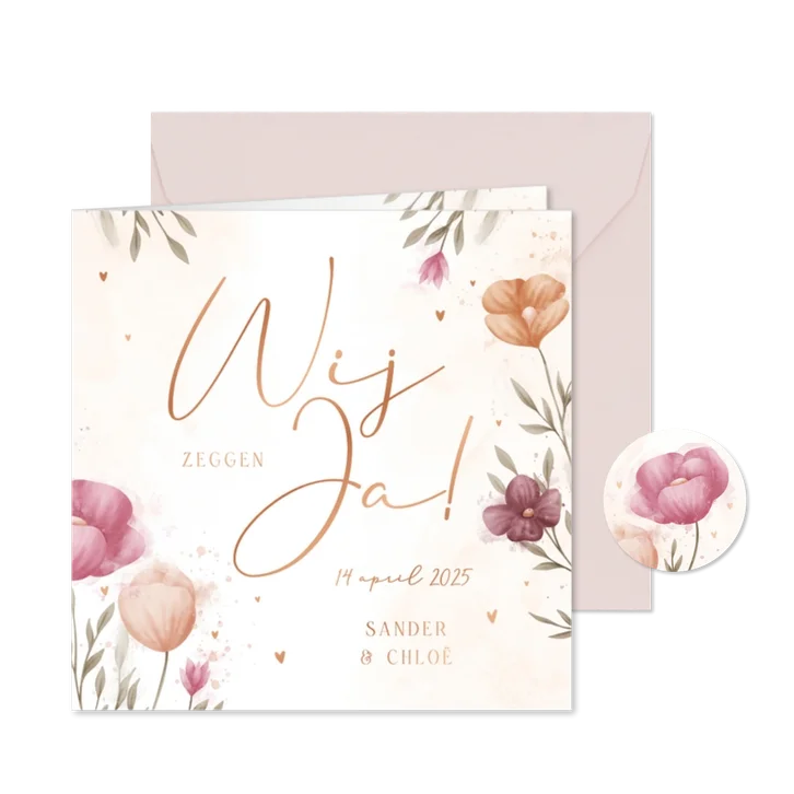 Trouwkaart waterverf bloemen met koperen hartjes