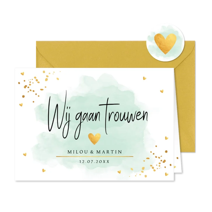 Trouwkaart waterverf mintgroen goudlook hartjes rechthoekig