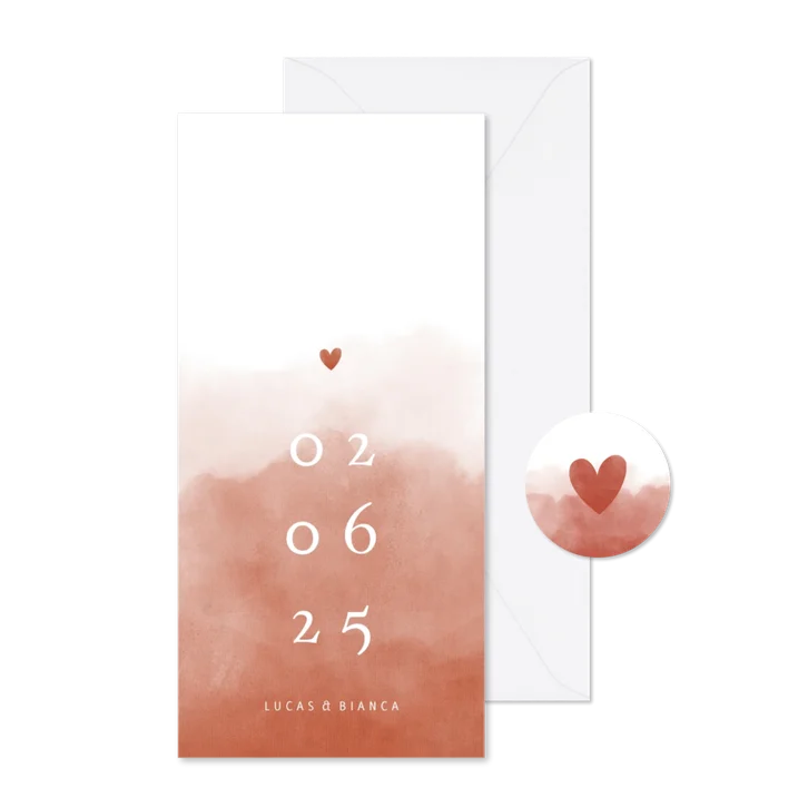 Trouwkaart waterverf terra roze stijlvol met hartje