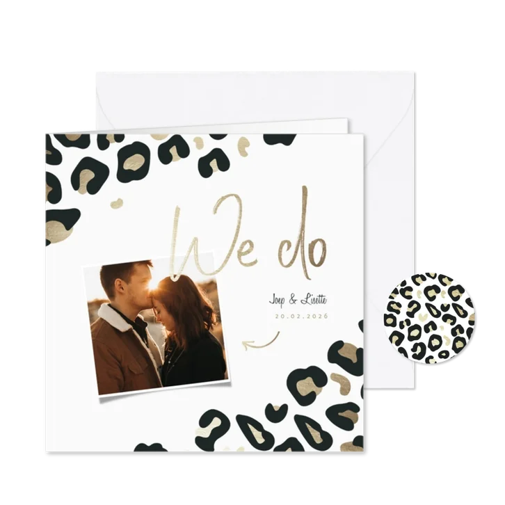 Trouwkaart 'We do' panterprint goudlook met foto