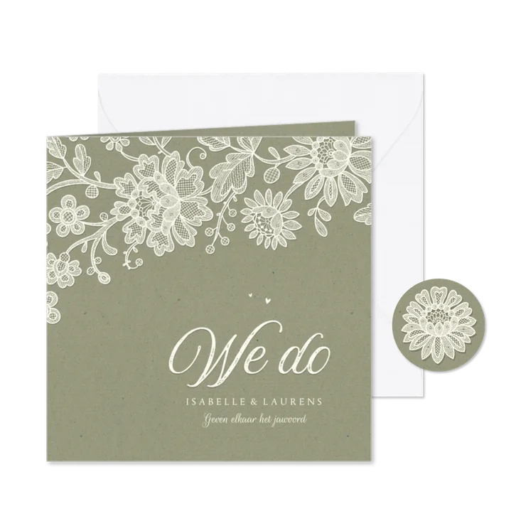 Trouwkaart we do vintage kraft kant bloemen groen