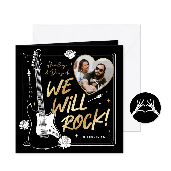 Trouwkaart we will rock romantisch zwart goud metal