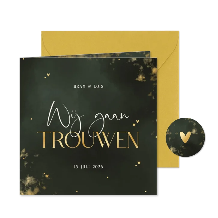Trouwkaart wij gaan trouwen groene wolkjes met goud