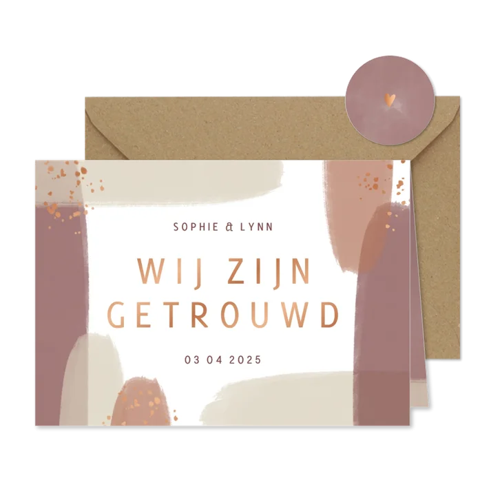 Trouwkaart wij zijn getrouwd naturel waterverf spettertjes