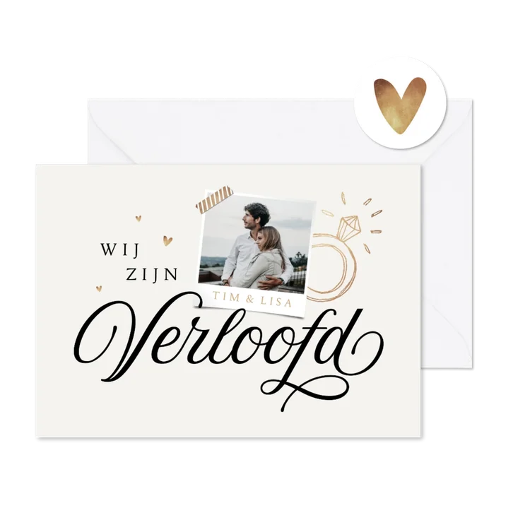 Trouwkaart wij zijn verloofd foto ring hartjes