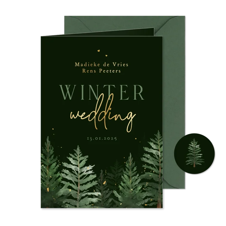 Trouwkaart winter wedding dennenbomen donker groen goud
